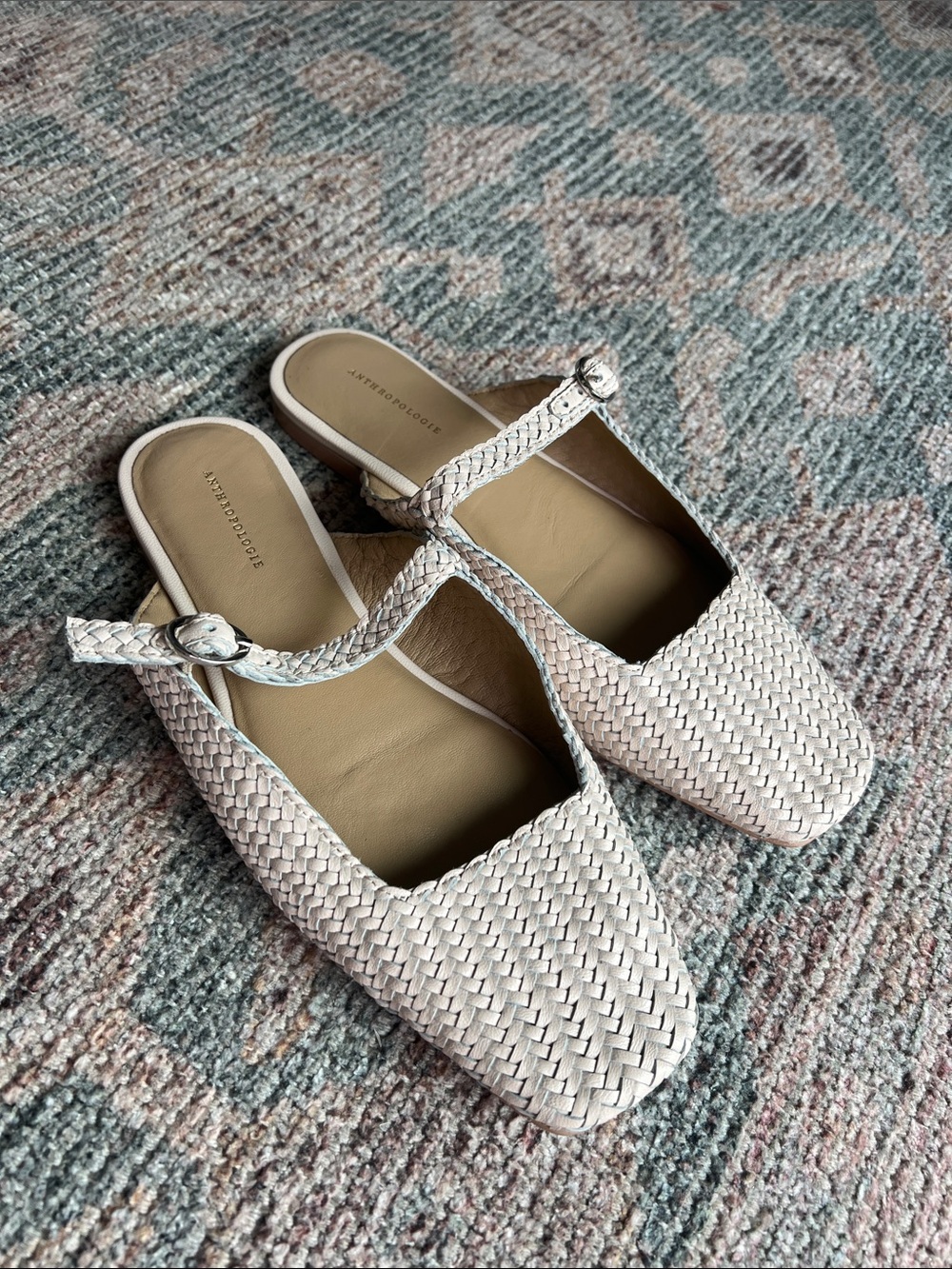 Anthropologie Woven Cream Mary Jane Mule